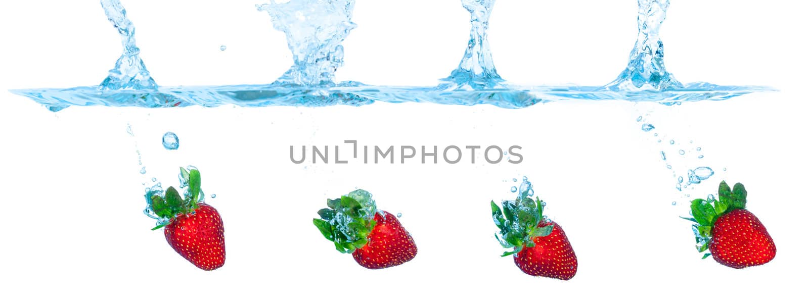 Collage Fresh Strawberry Dropped into Water with Splash by Discovod