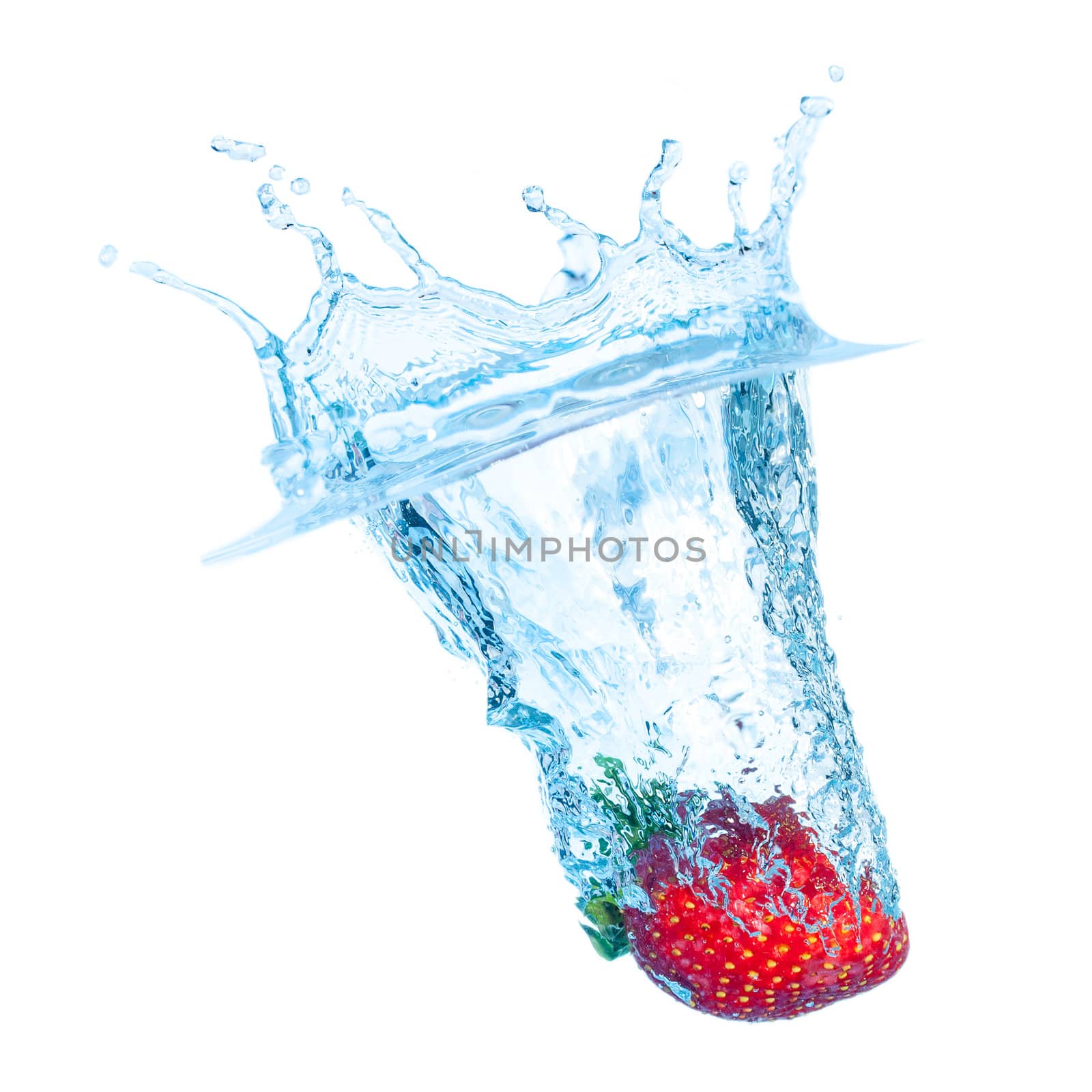 Fresh Strawberry Dropped into Water with Splash by Discovod