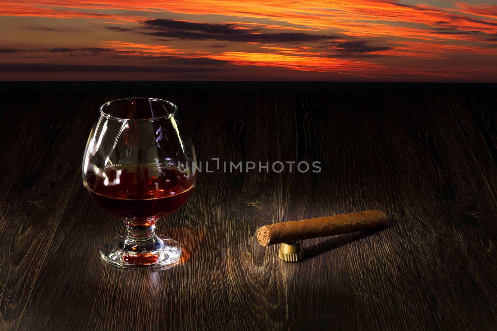 Glass of cognac and sigar by sergey_nivens