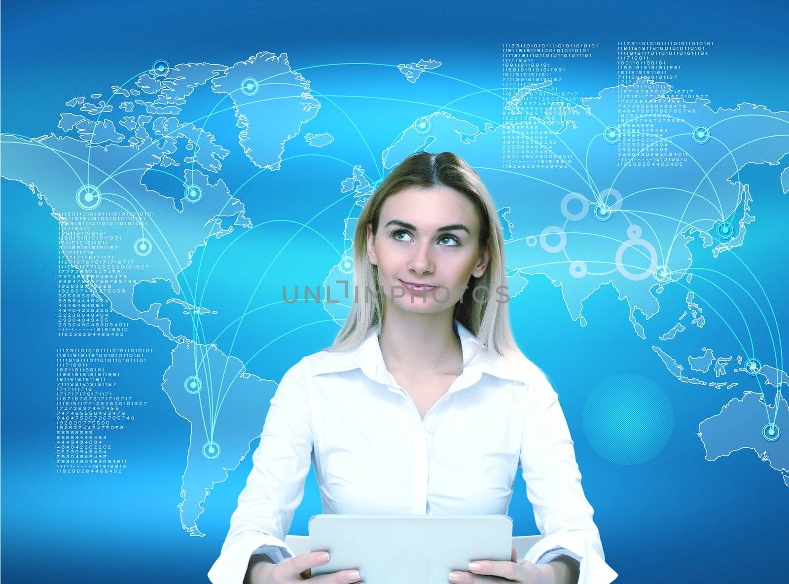 Image of a businesswoman and technology related background