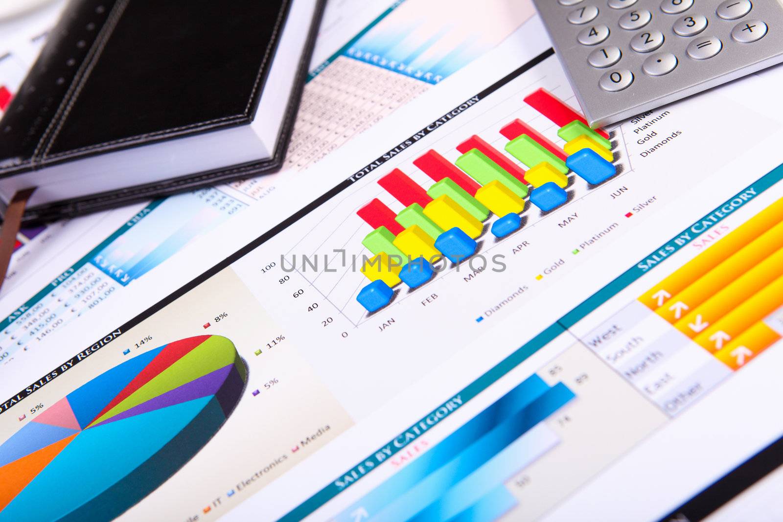 Financial paper charts and graphs on the table