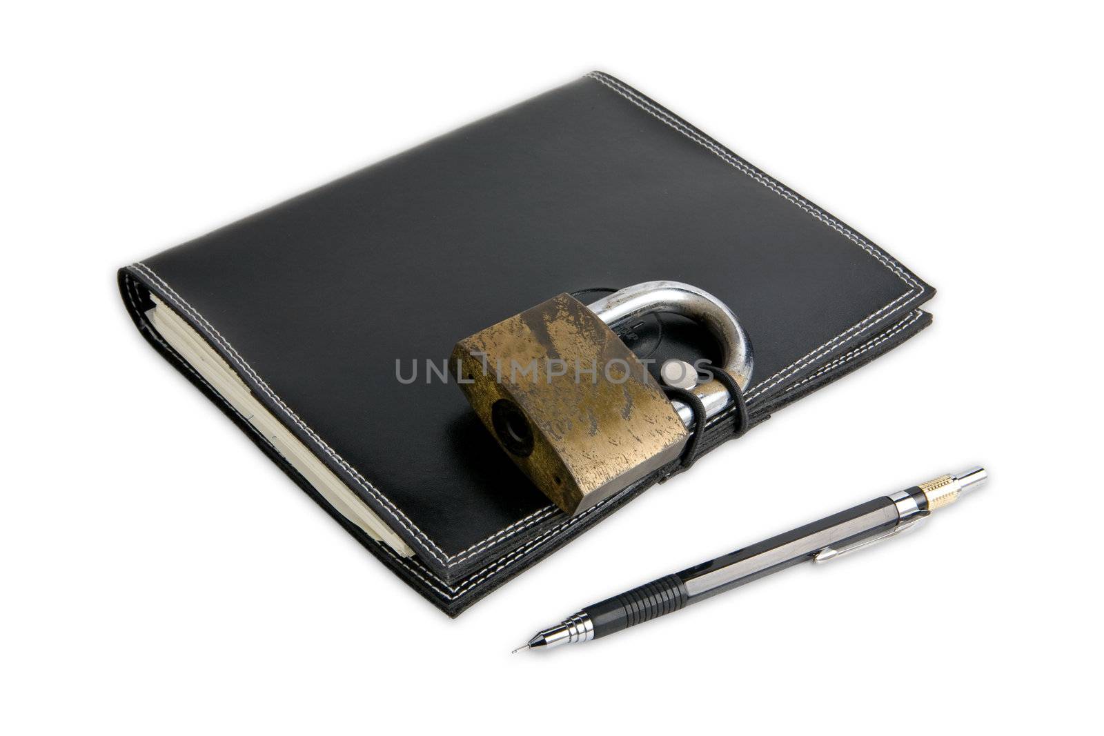 The black notebook is locked with a padlock.