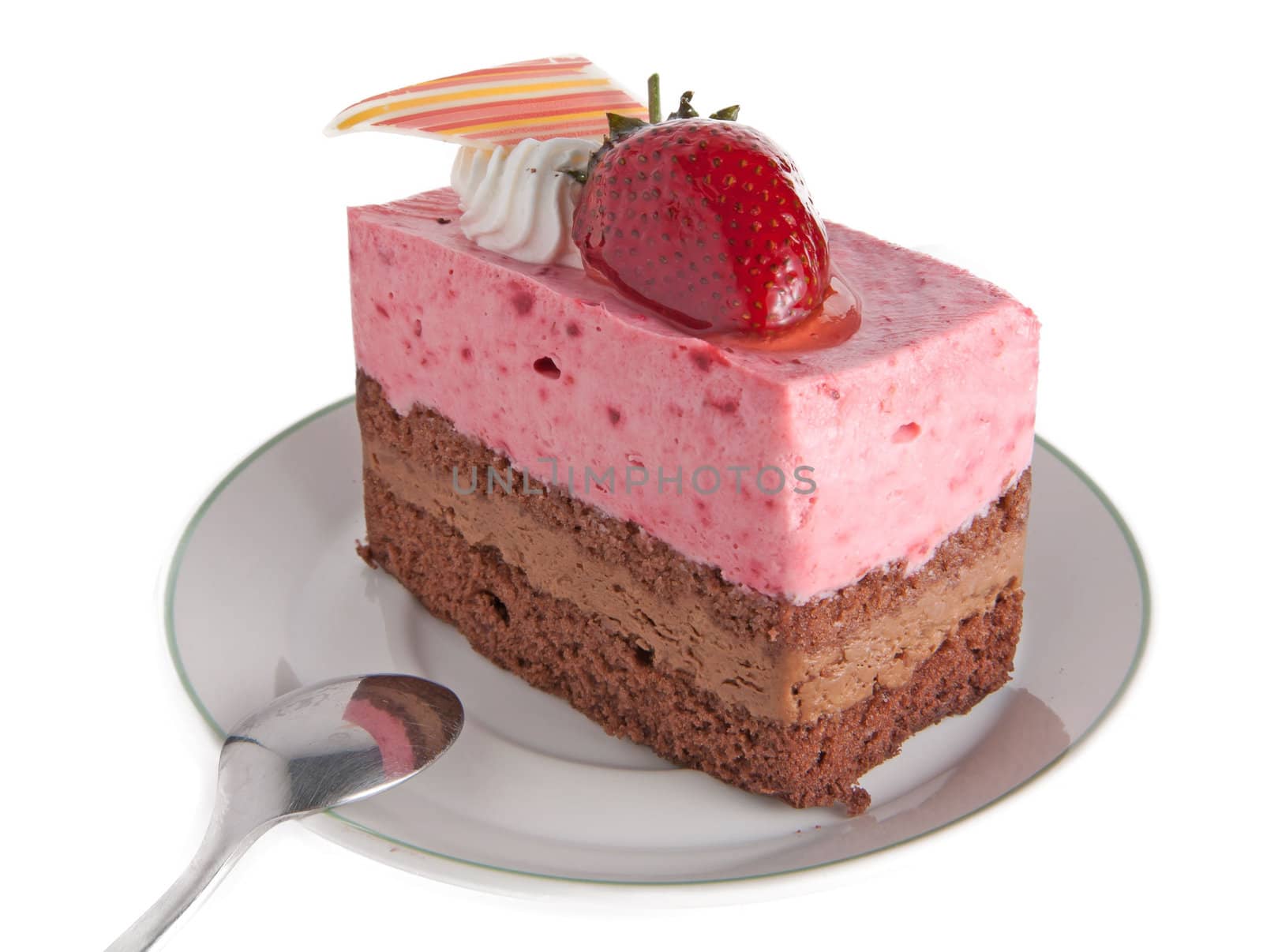 Strawberry mousse cake with chocolate.