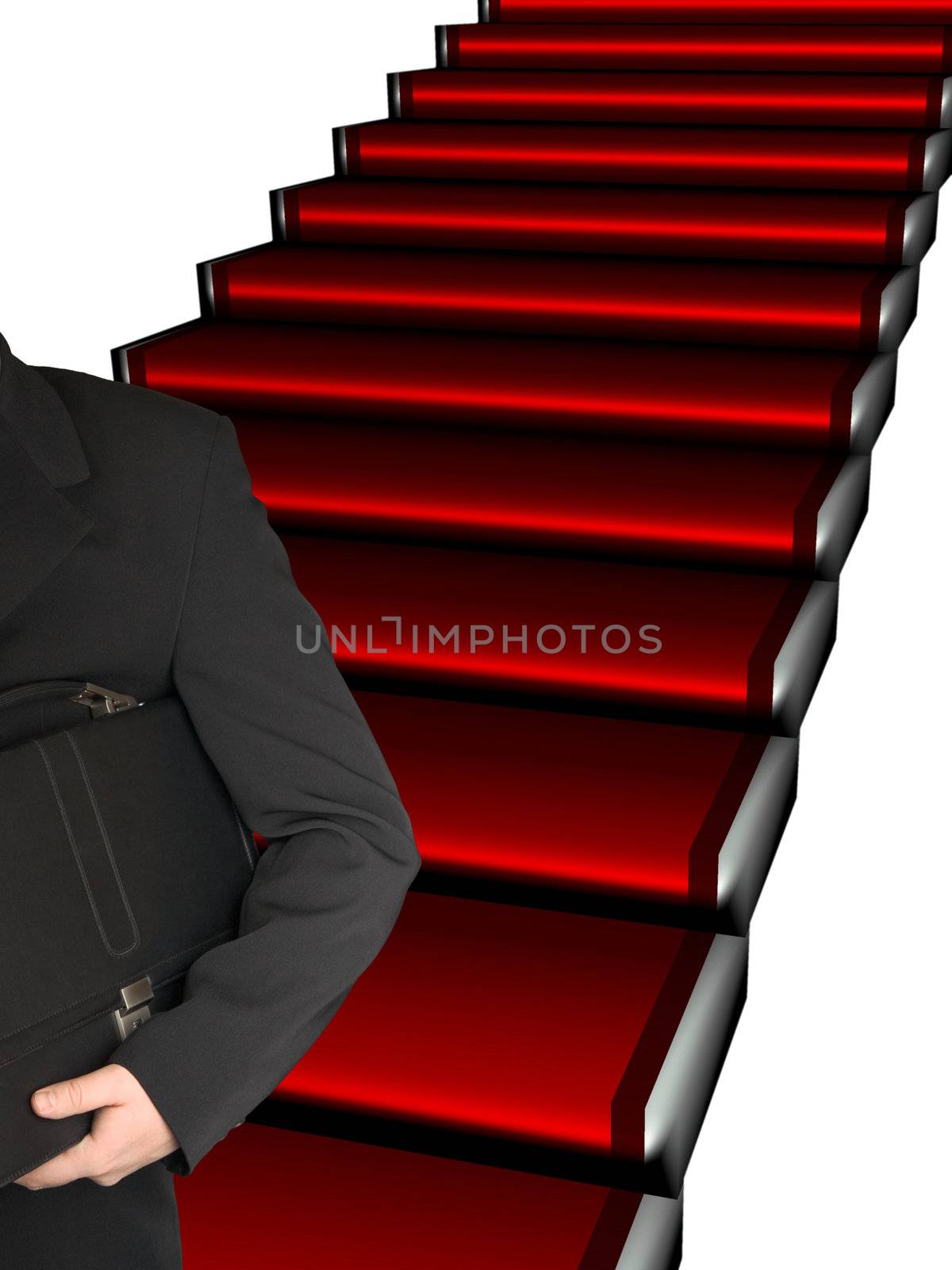a man with a brief-case goes down on a stair on a white background