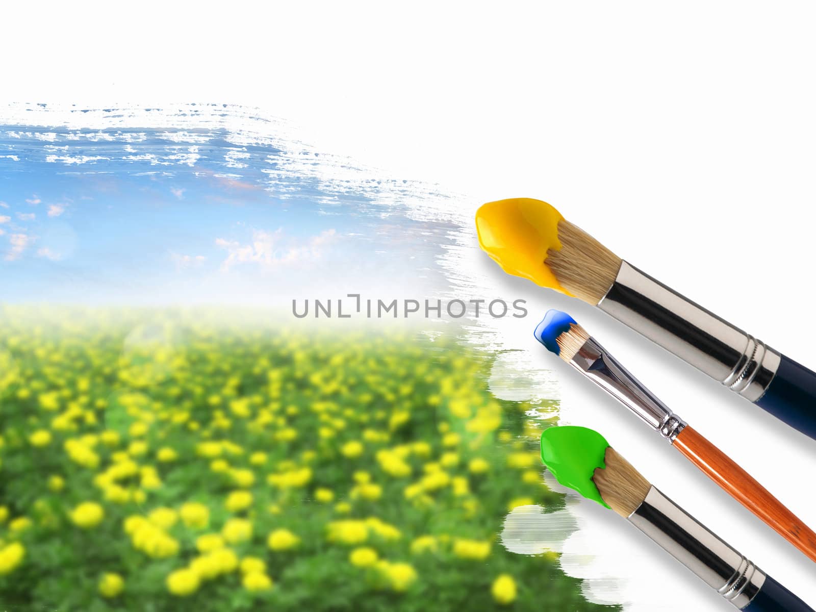 Paint brushes and landscape image by sergey_nivens