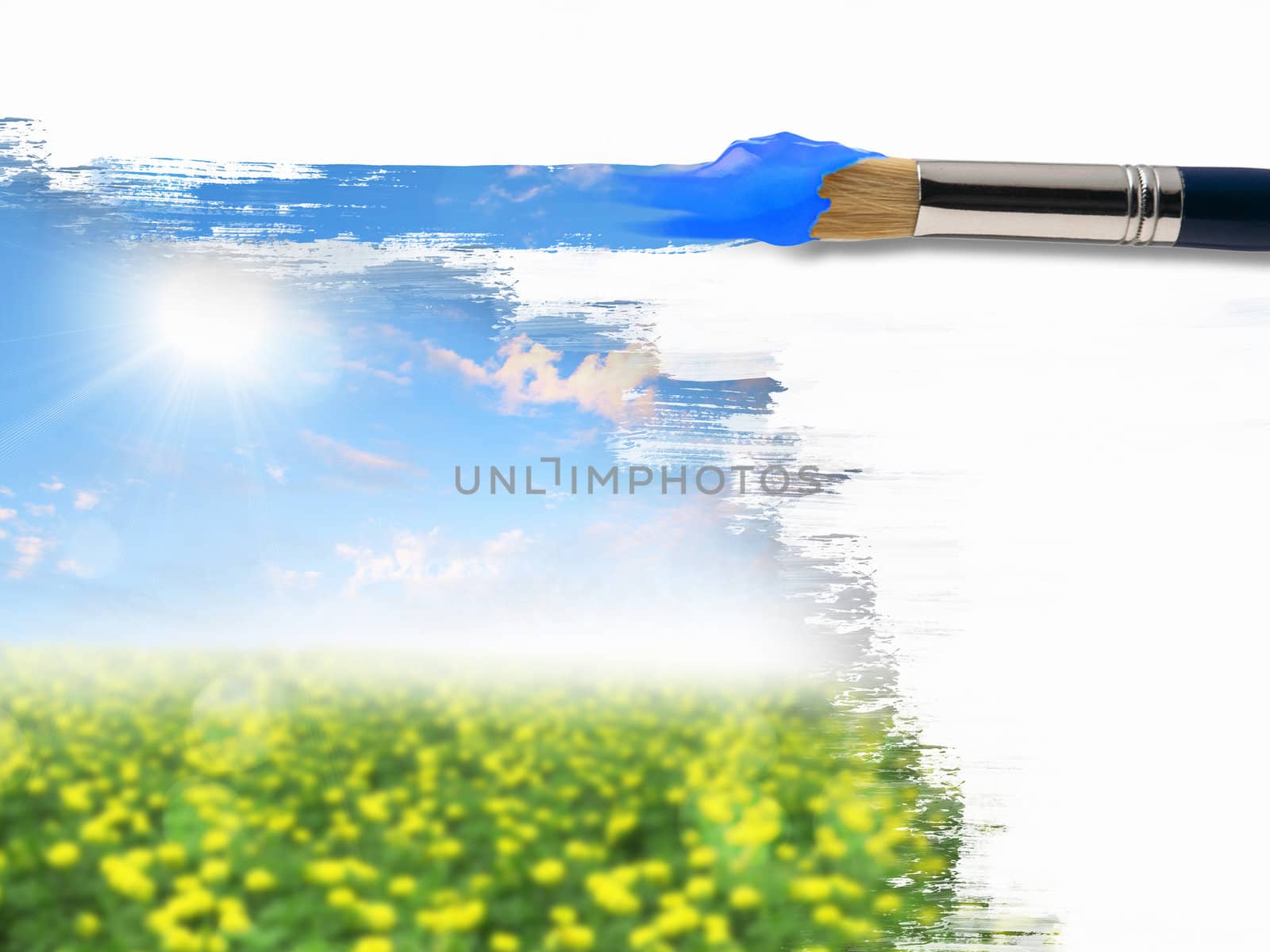 Paint brushes and landscape image by sergey_nivens