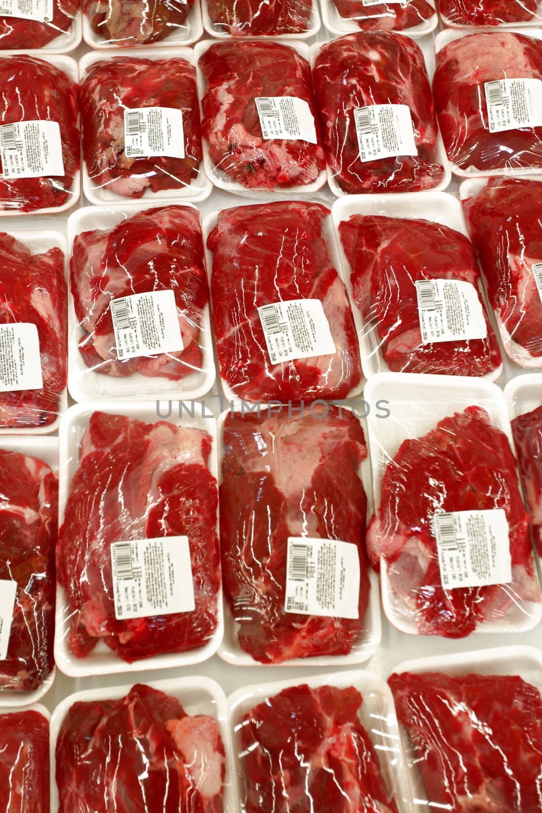 Beef Cut and packaged semi-finished products in a shop window