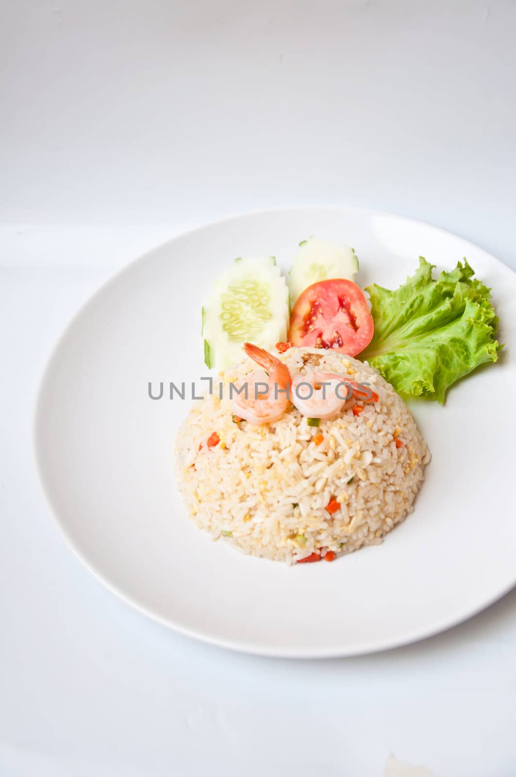 fried rice with shrimp on white background