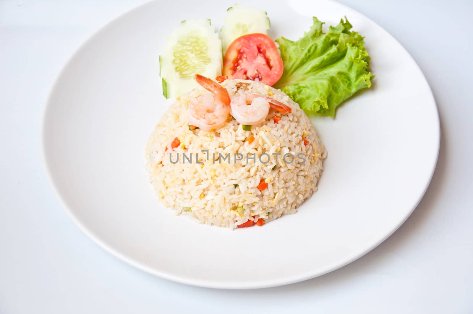 Fried rice with shrimp on white background