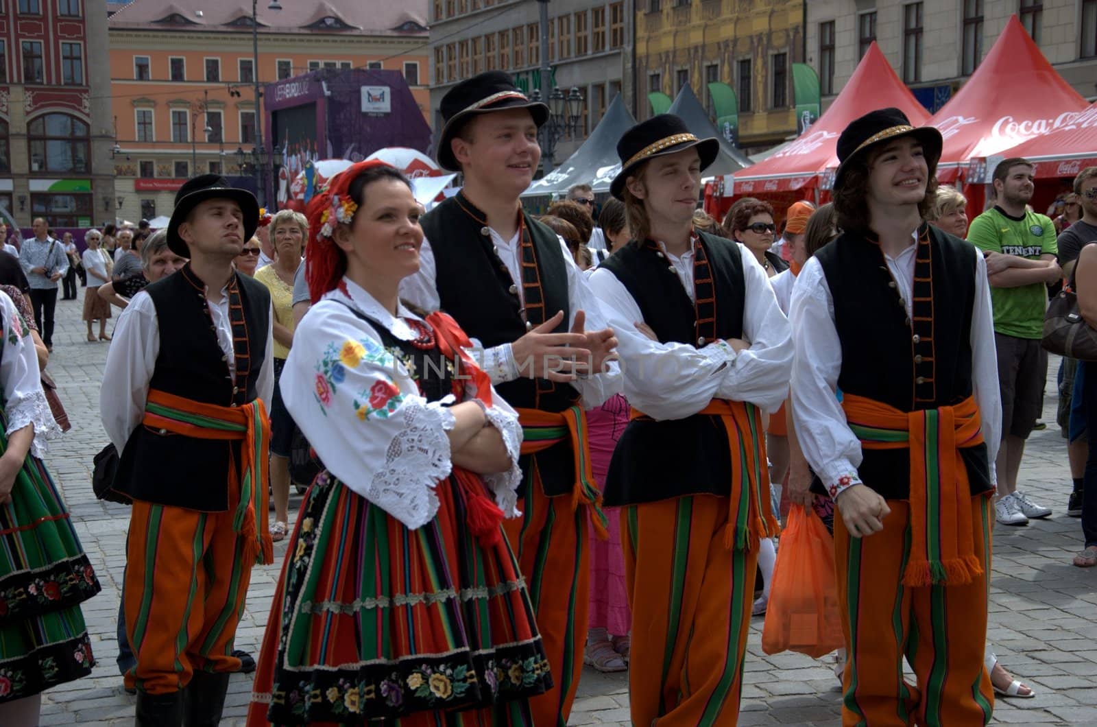 WROCLAW, POLAND - JUNE 15:  Members of Folk Dance group "Wroclaw" visit Euro 2012 fanzone on June 15, 2012 in Wroclaw.  