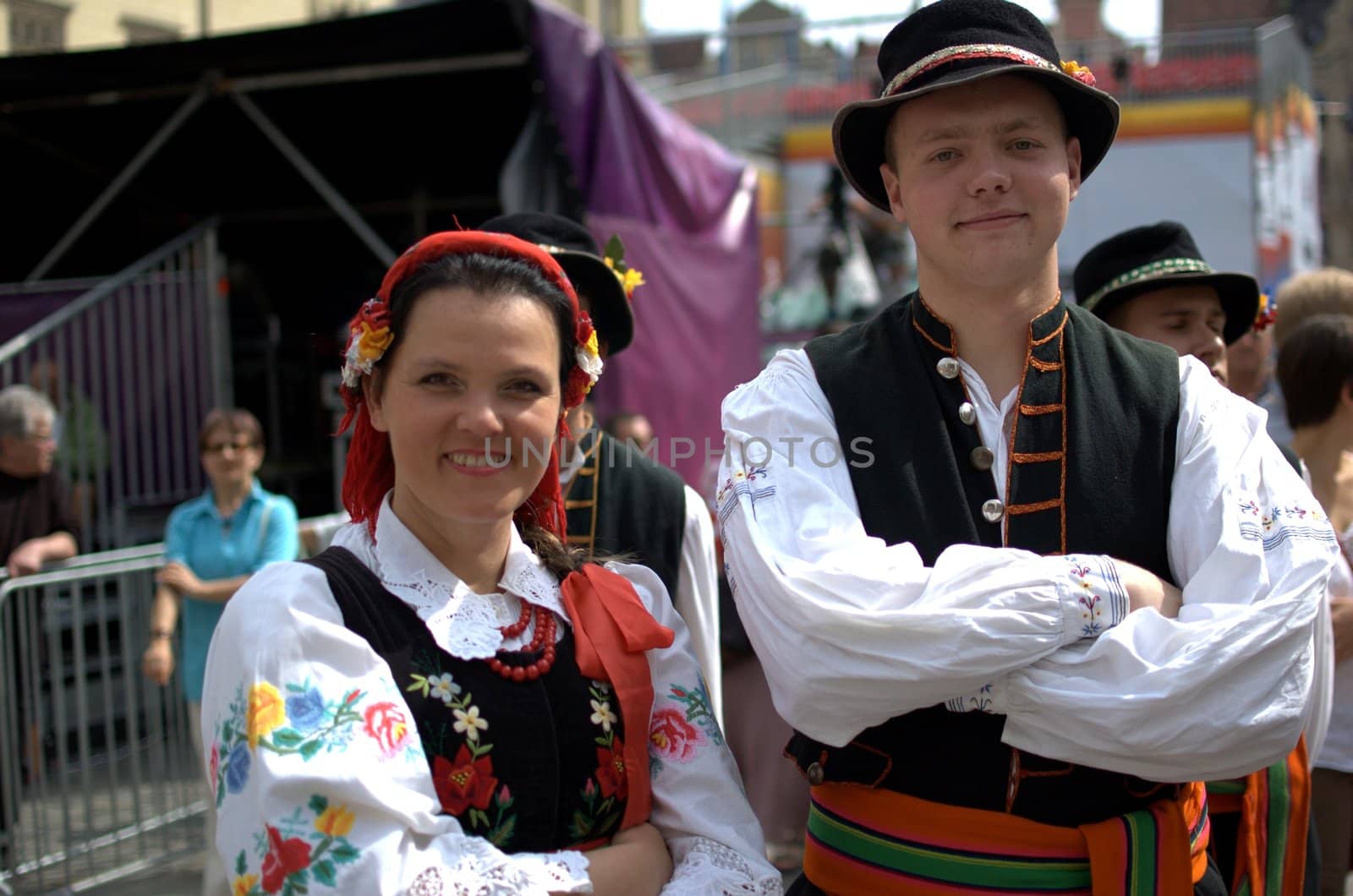 WROCLAW, POLAND - JUNE 15:  Members of Folk Dance group "Wroclaw" visit Euro 2012 fanzone on June 15, 2012 in Wroclaw.  