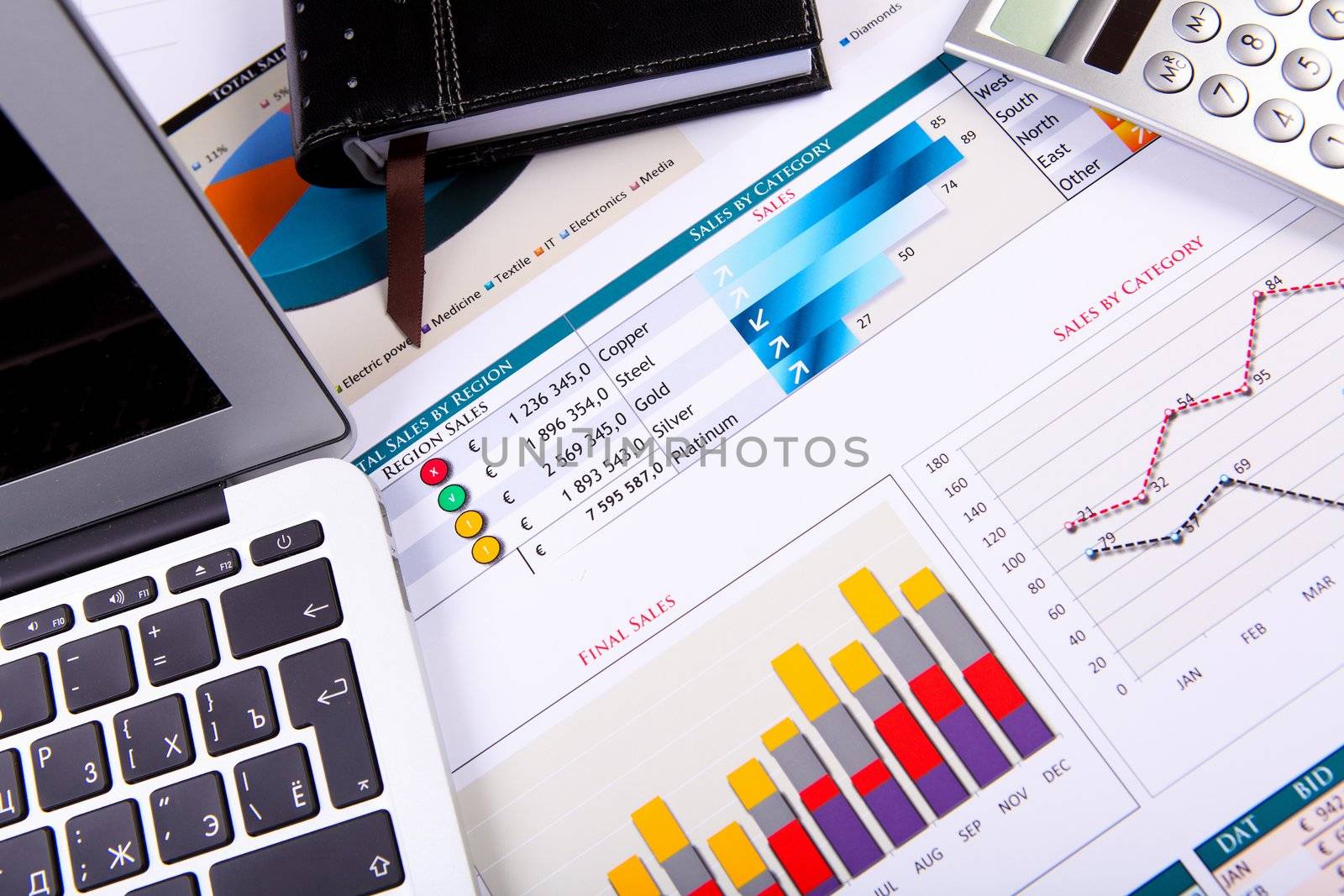 Financial paper charts and graphs on the table