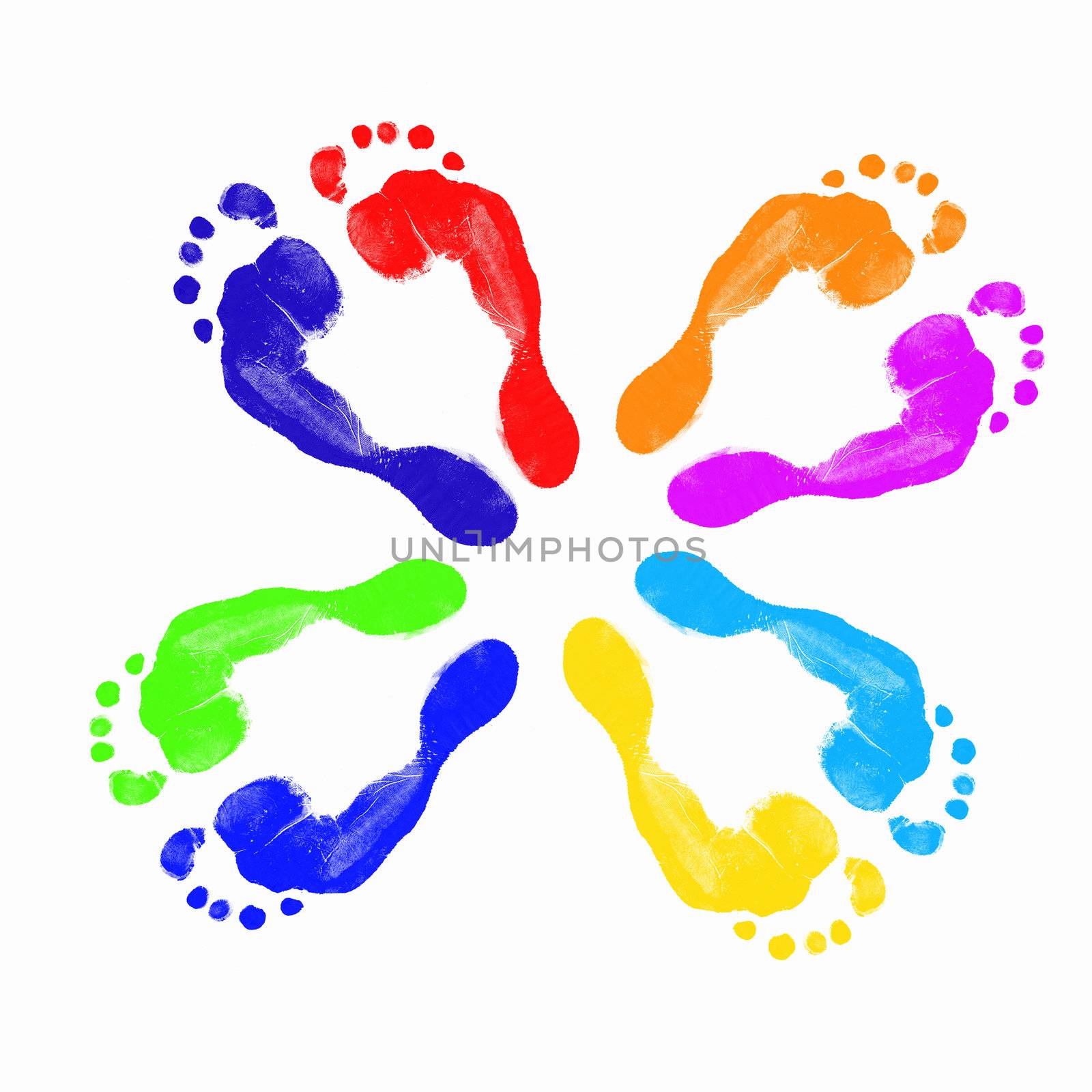 Colourful human foot prints on white background