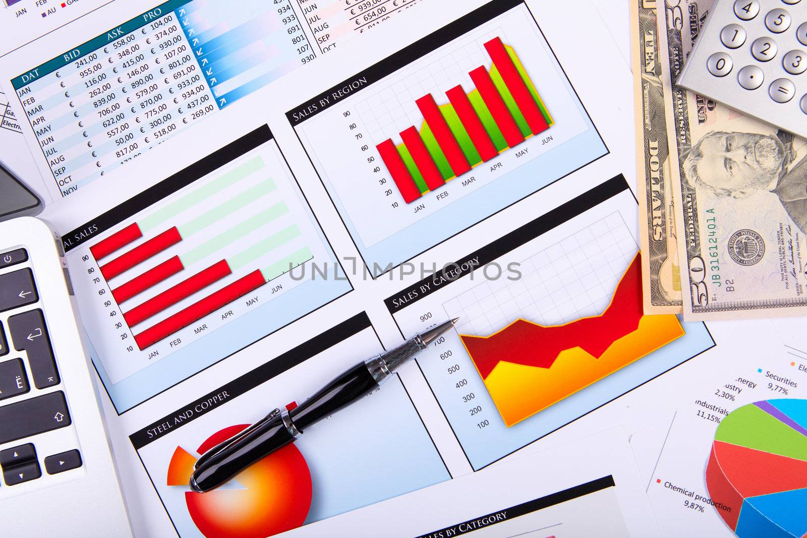 Financial paper charts and graphs on the table