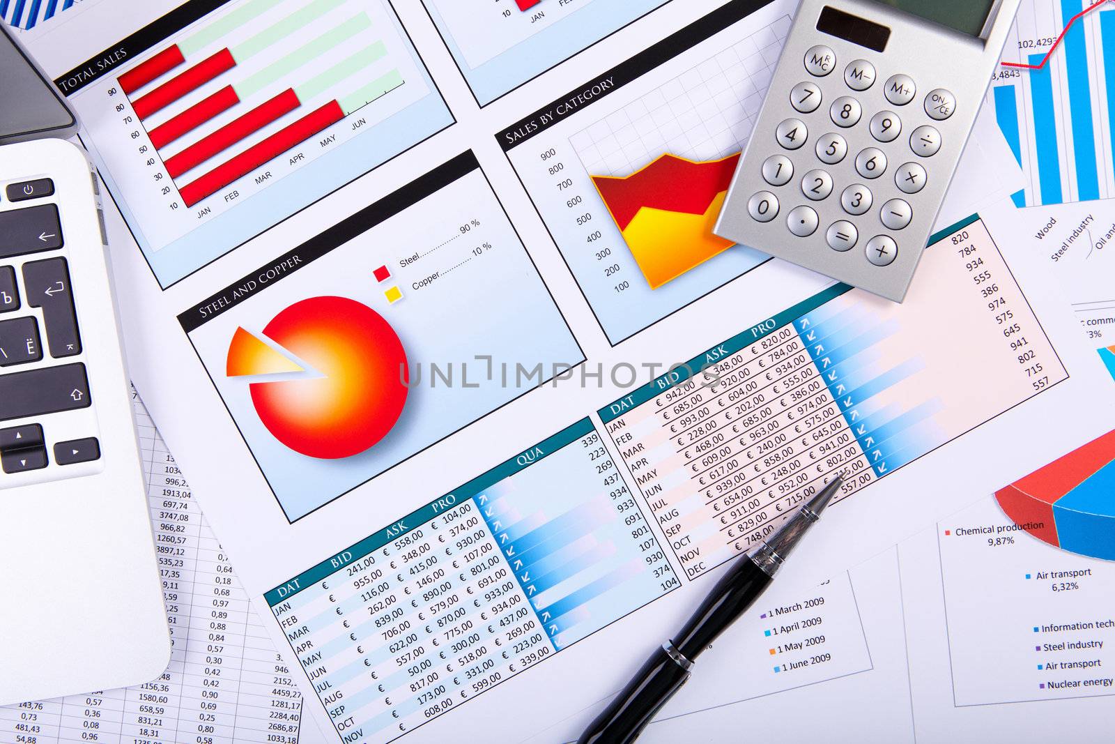 Financial paper charts and graphs on the table