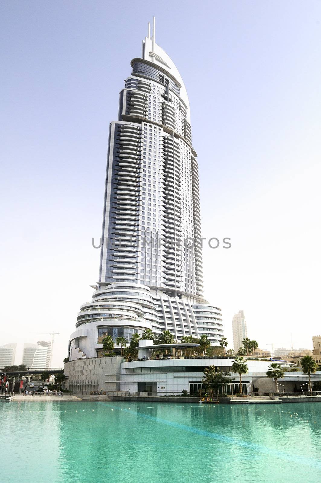 DUBAI, UAE - FEB 02: The Address Hotel in the downtown Dubai area overlooks the famous dancing fountains, taken on 3rd August 2010 in Dubai. The hotel is surrounded by a mall, hotels and Burj Khalifa 