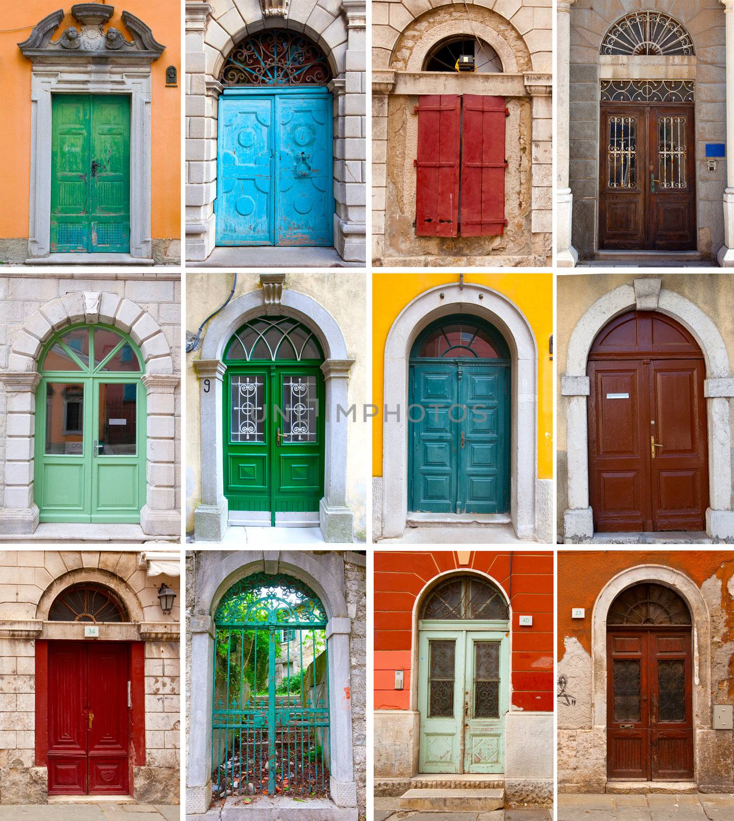 A photo collage of colourful front doors to houses by motorolka