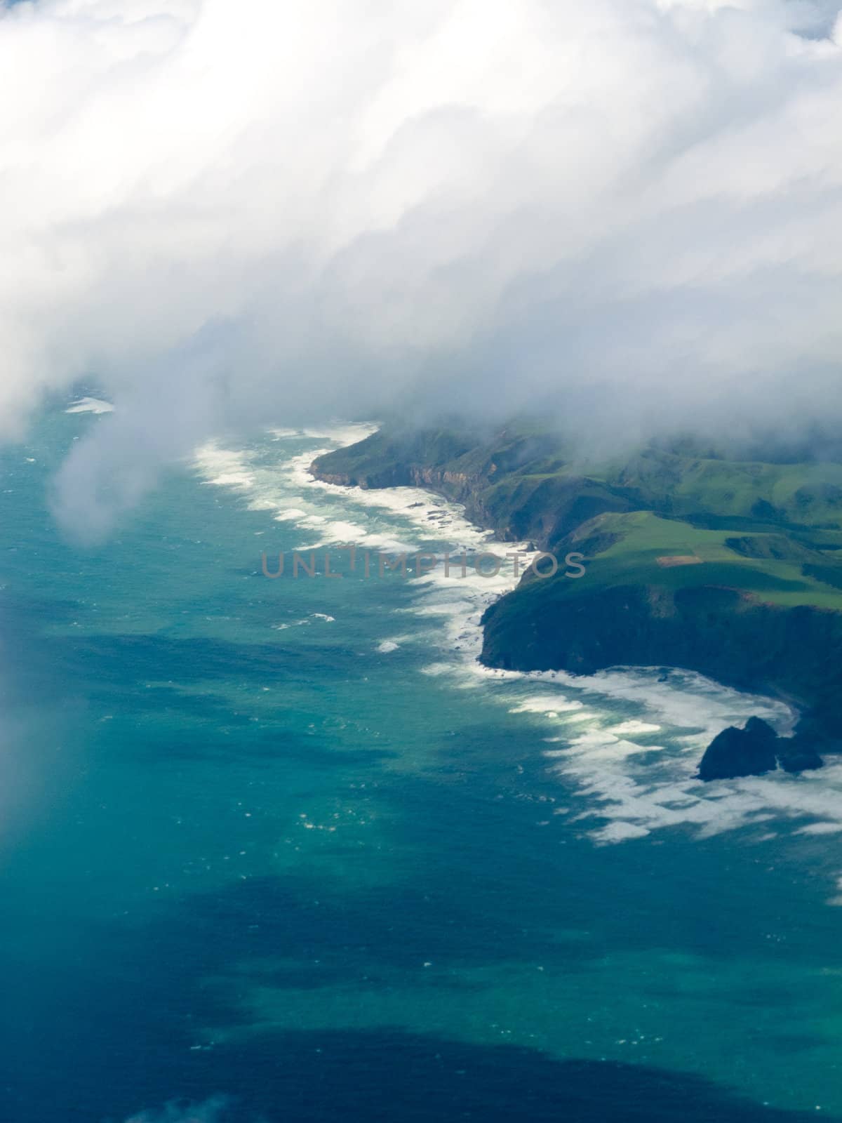 Aerial view of cliffs on New Zealand North Island west coast and Tasman Sea