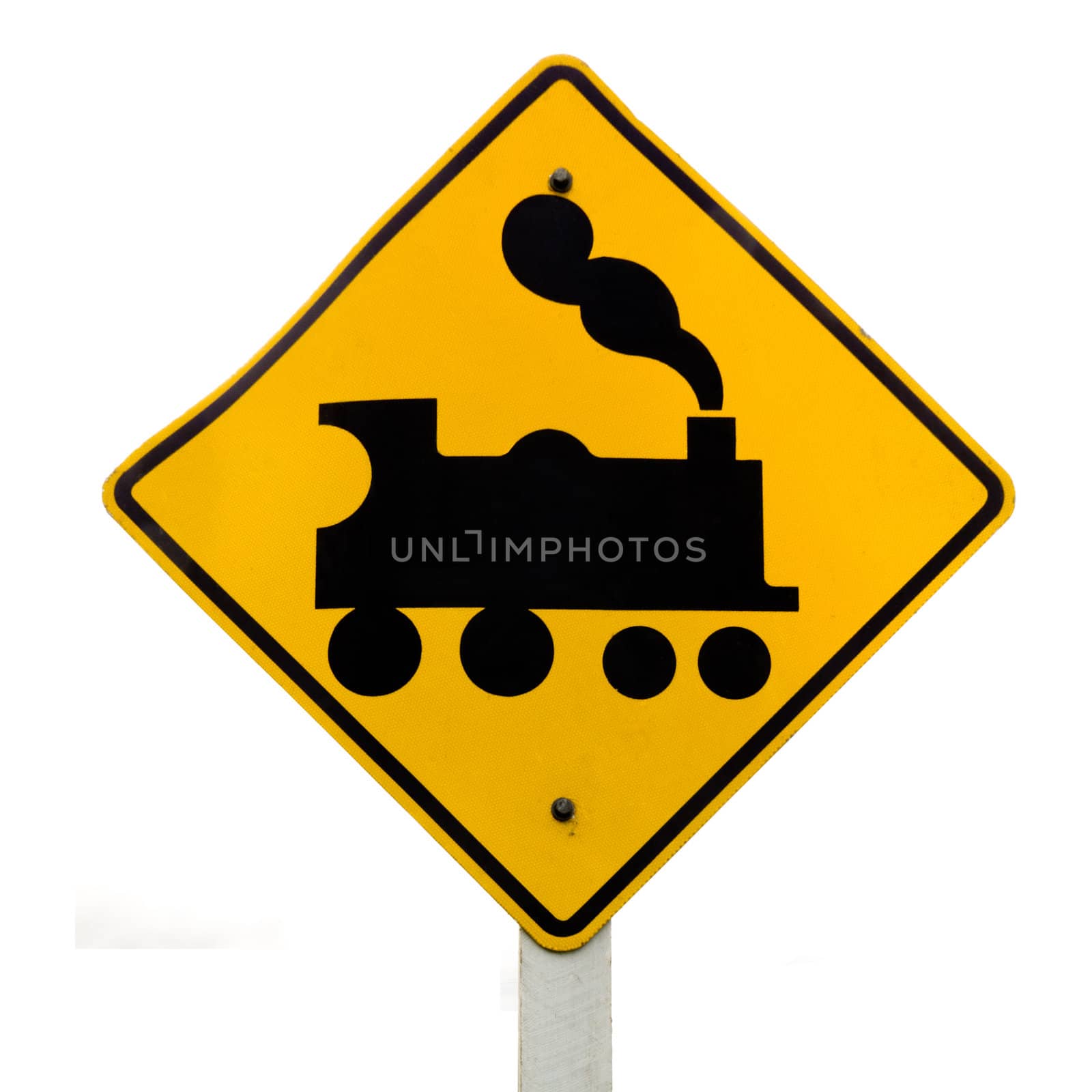 Railroad Crossing Roadsign, no barrier or gate ahead on road, beware of train steam engine locomotive signage road sign on signpost pole isolated on white background