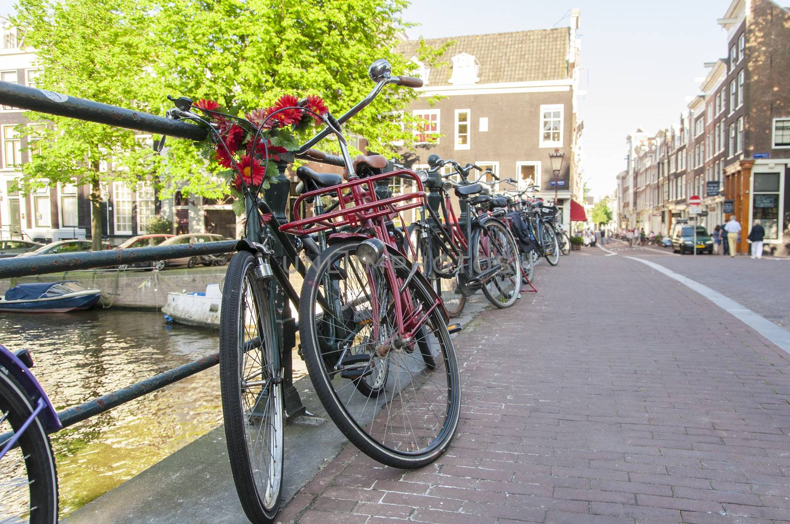 Detail of bicycles locked on top of bridge in Amsterdam, Holland.