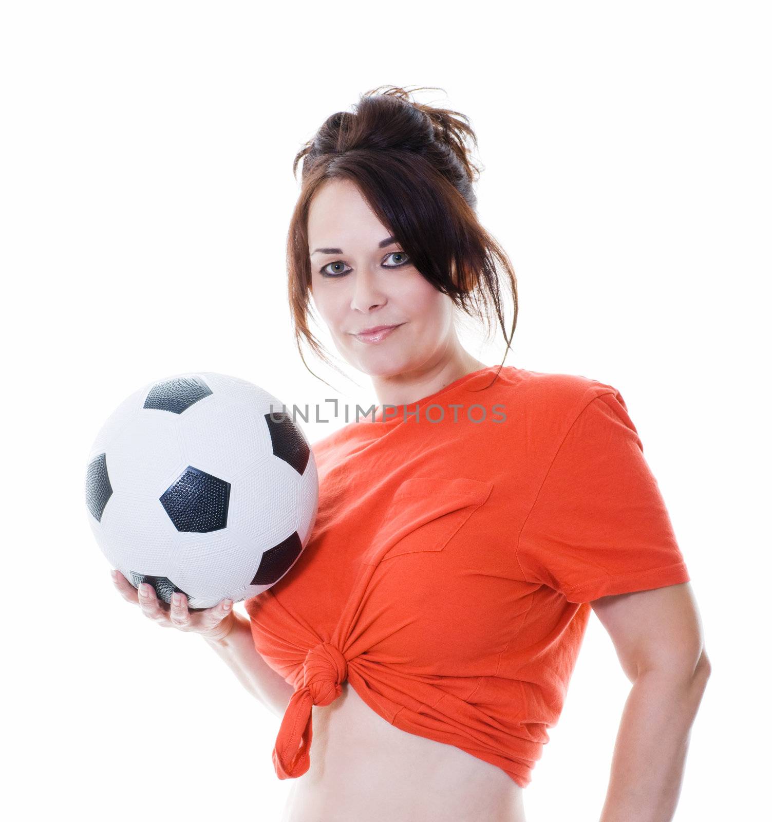 woman with soccer ball isolated on white