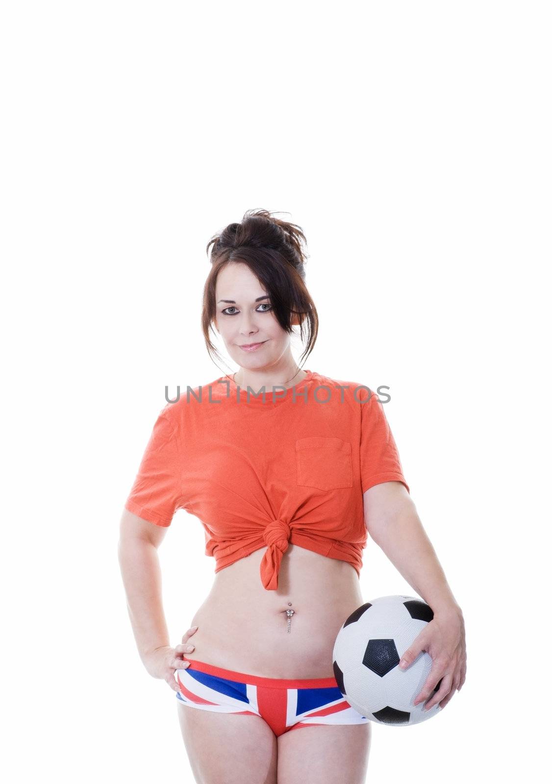 woman with soccer ball and union jack underwear isolated on white