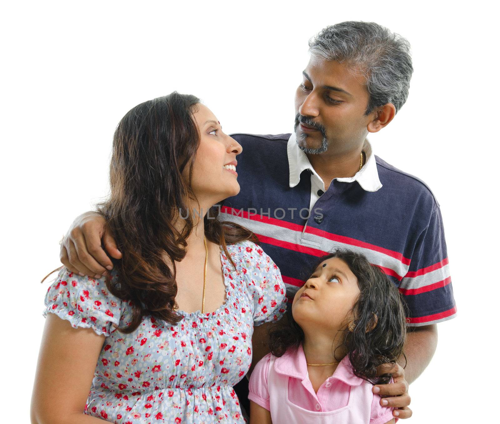 Modern Indian family having conversation on white background