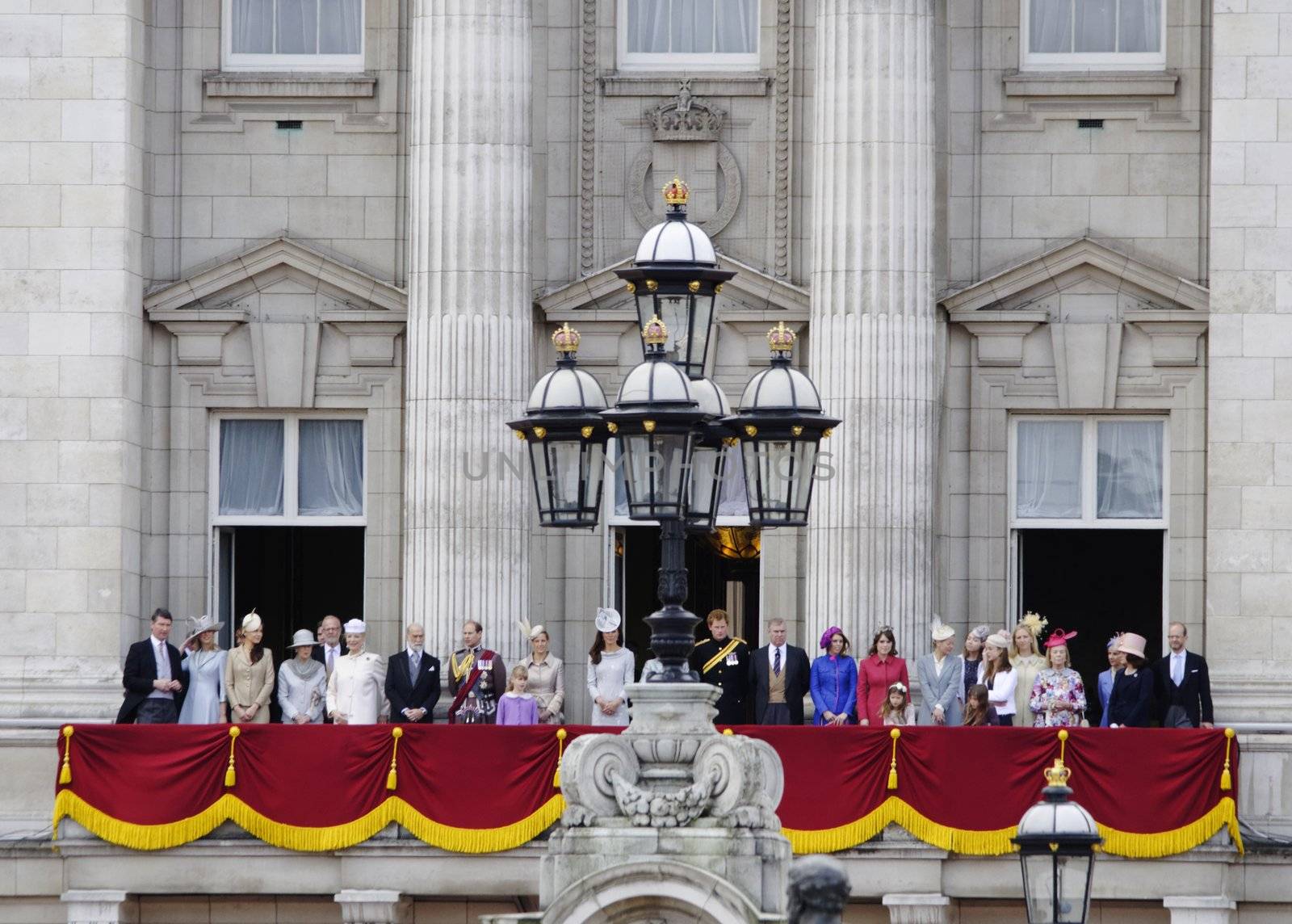 LONDON, UK - June 16: The Royal Family appears on Buckingham Palace balcony during Trooping the Colour ceremony, on June 16, 2012 in London. Trooping the Colour takes place every year in June to officialy celebrate the sovereign birthday.