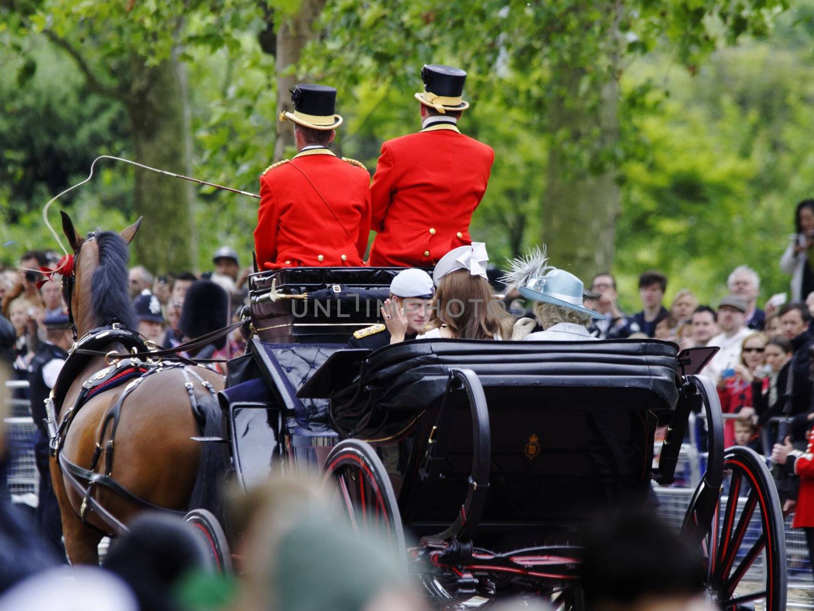 LONDON, UK - June 16: The Duchess of Cambridge, the Duchess of Cornwall and Prince Harry during Trooping the Colour ceremony, on June 16, 2012 in London. Trooping the Colour which takes place every year in June to officialy celebrate the sovereign birthday.