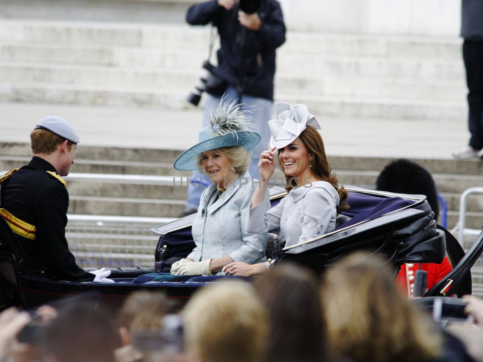 LONDON, UK - June 16: The Duchess of Cambridge, the Duchess of Cornwall and Prince Harry during Trooping the Colour ceremony, on June 16, 2012 in London. Trooping the Colour which takes place every year in June to officialy celebrate the sovereign birthday.