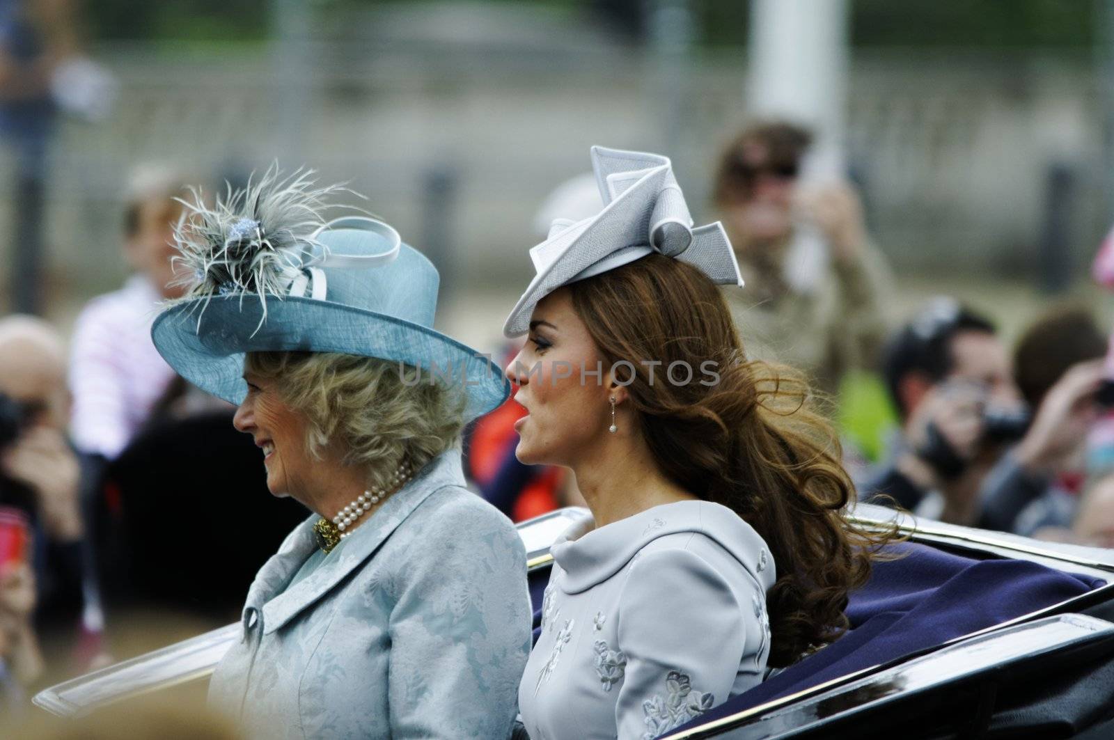 LONDON, UK - June 16: The Duchess of Cambridge and the Duchess of Cornwall during Trooping the Colour ceremony, on June 16, 2012 in London. Trooping the Colour which takes place every year in June to officialy celebrate the sovereign birthday.