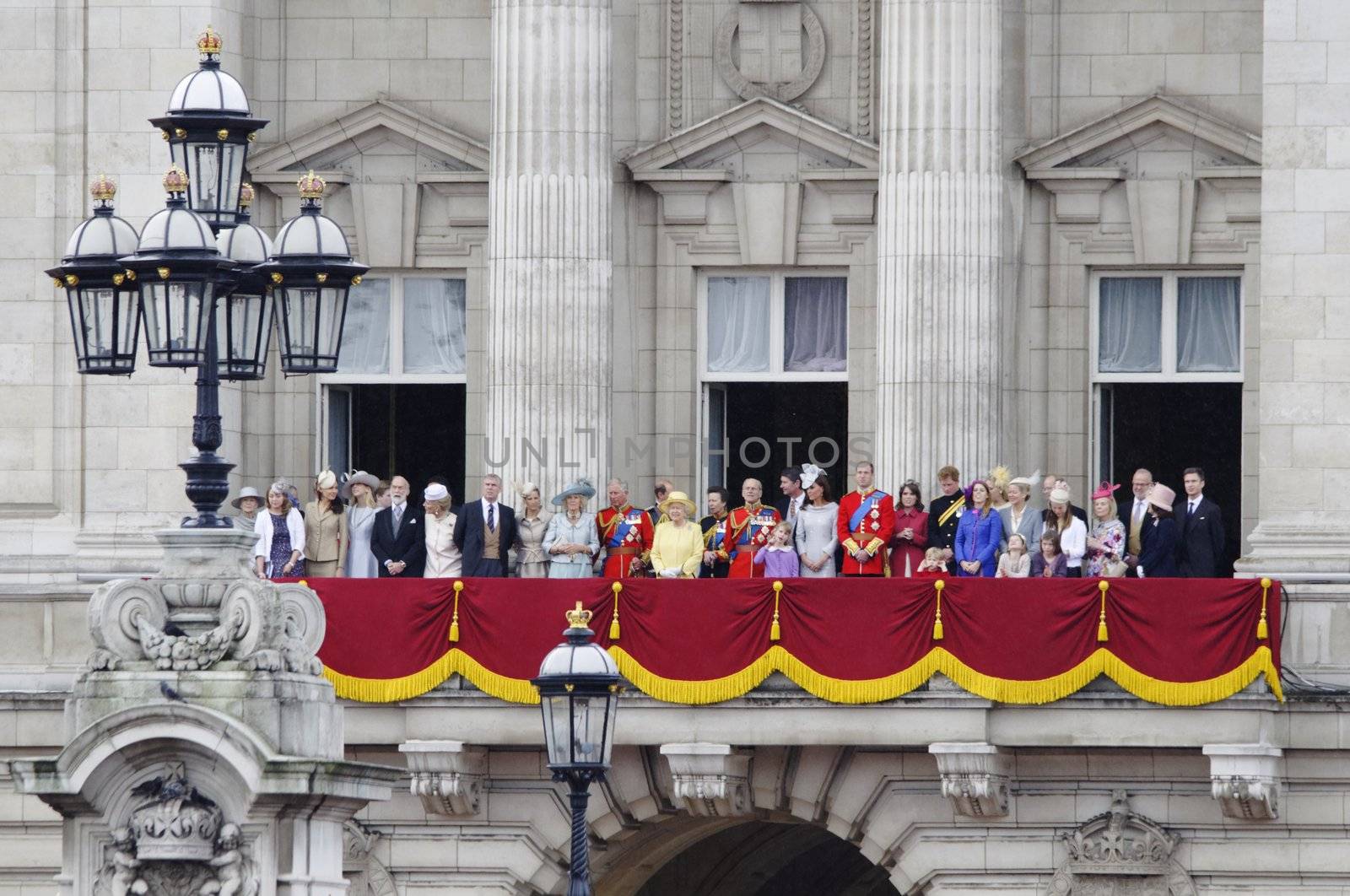 LONDON, UK - June 16: The Royal Family appears on Buckingham Palace balcony during Trooping the Colour ceremony, on June 16, 2012 in London. Trooping the Colour takes place every year in June to officialy celebrate the sovereign birthday.