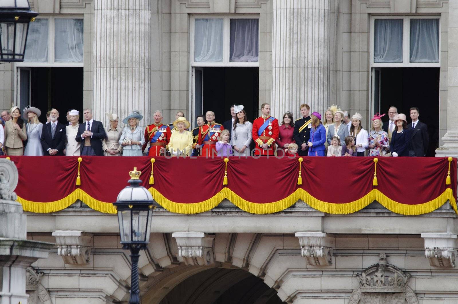 LONDON, UK - June 16: The Royal Family appears on Buckingham Palace balcony during Trooping the Colour ceremony, on June 16, 2012 in London. Trooping the Colour takes place every year in June to officialy celebrate the sovereign birthday.