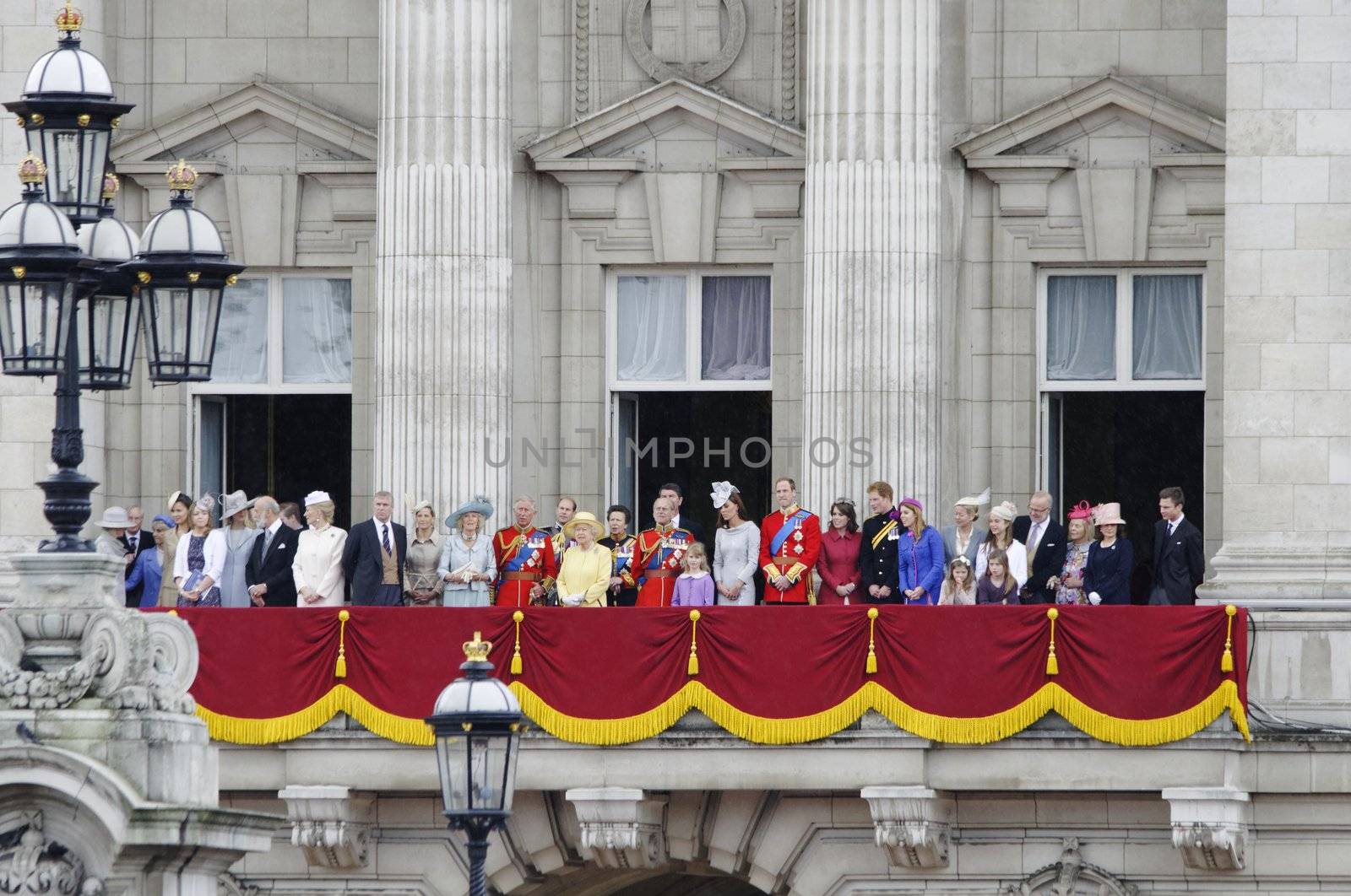 LONDON, UK - June 16: The Royal Family appears on Buckingham Palace balcony during Trooping the Colour ceremony, on June 16, 2012 in London. Trooping the Colour takes place every year in June to officialy celebrate the sovereign birthday.