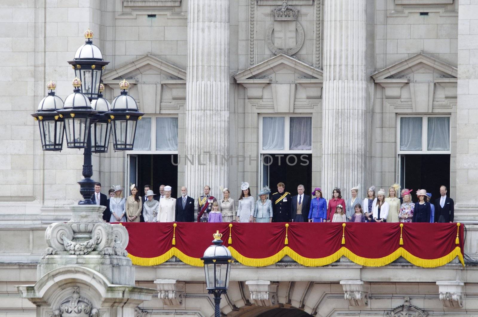 LONDON, UK - June 16: The Royal Family appears on Buckingham Palace balcony during Trooping the Colour ceremony, on June 16, 2012 in London. Trooping the Colour takes place every year in June to officialy celebrate the sovereign birthday.