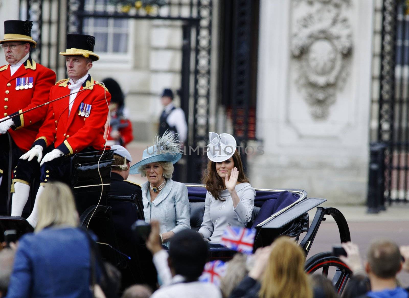 LONDON, UK - June 16: The Duchess of Cambridge and the Duchess of Cornwall during Trooping the Colour ceremony, on June 16, 2012 in London. Trooping the Colour which takes place every year in June to officialy celebrate the sovereign birthday.