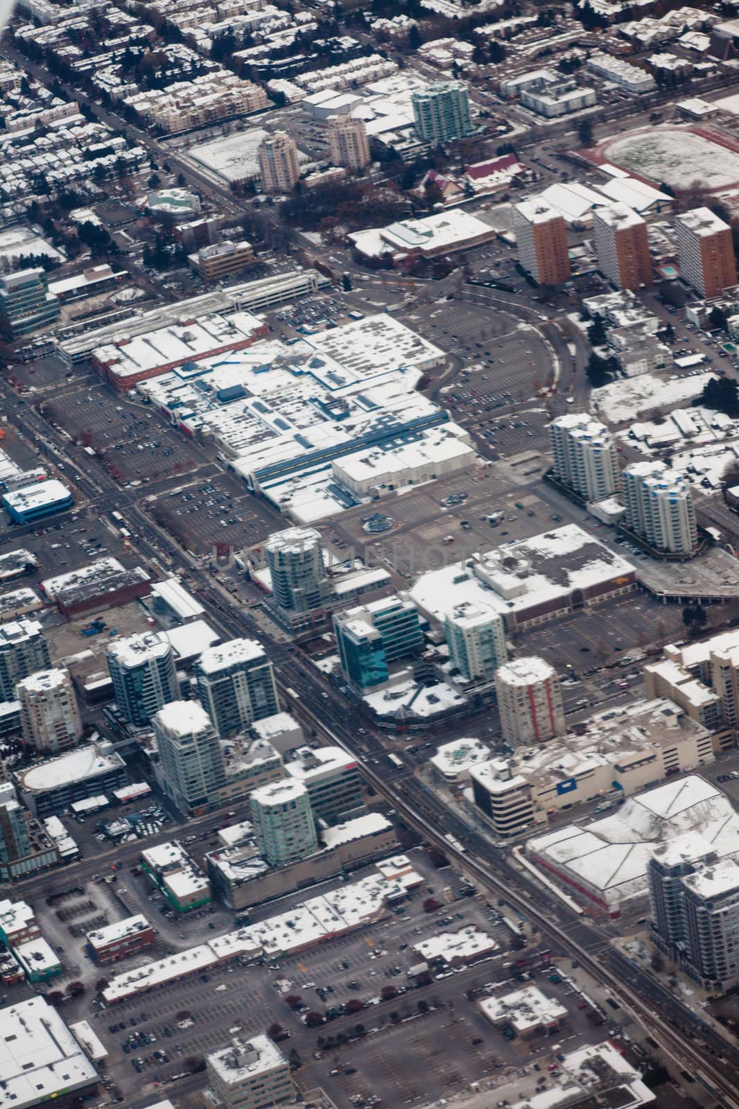 Aerial view of urbanization of lower mainland near Vancouver, British Colombia, Canada, in winter.