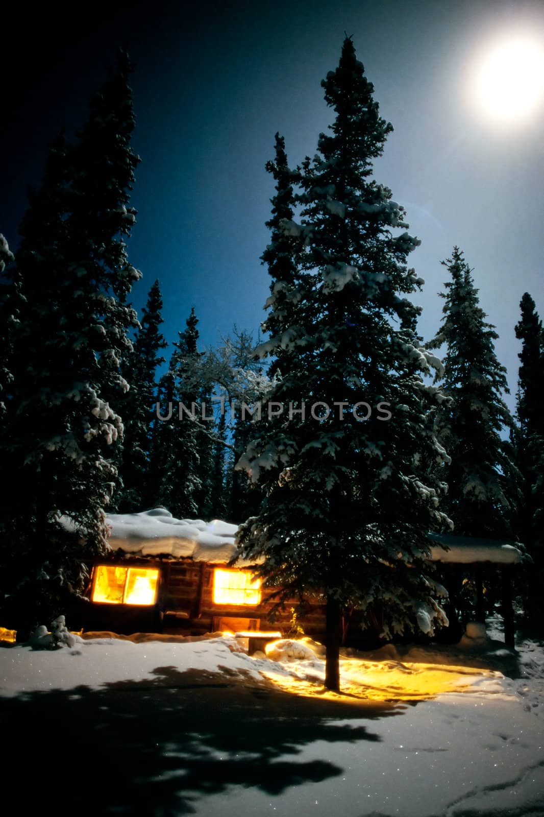 Yukon/Alaska trapline log-cabin fully illuminated at full-moon night in snowy winter.