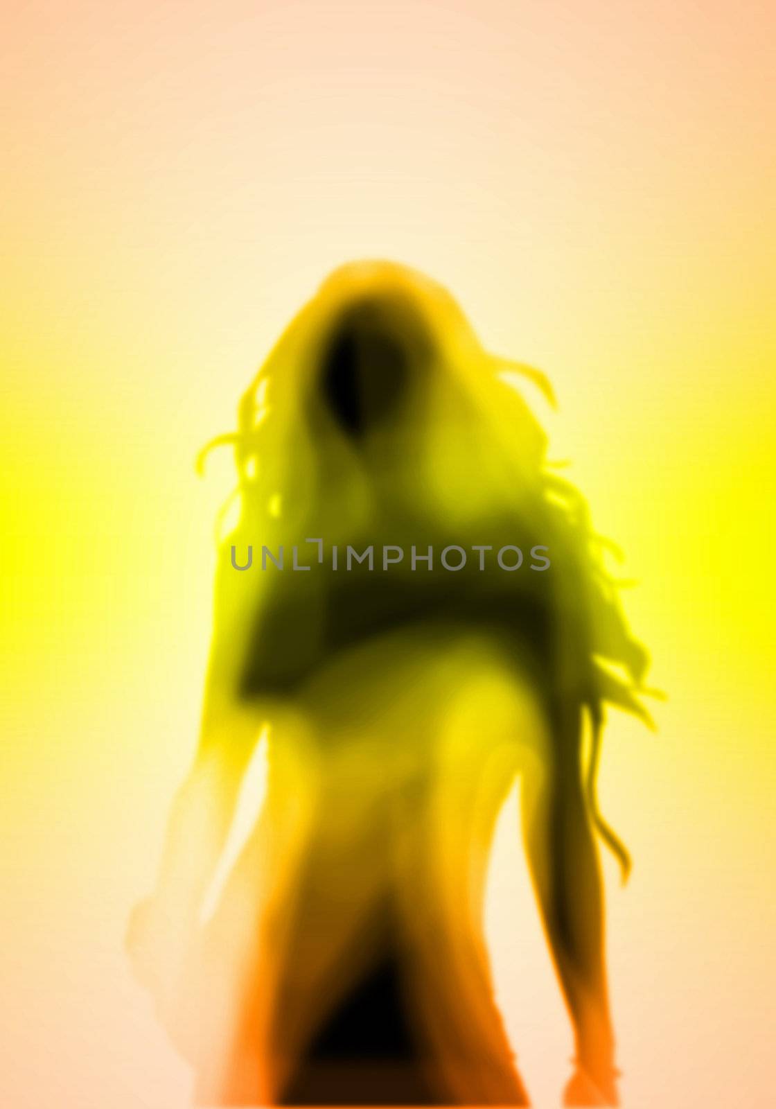 Image with a blurred female silhouette against colour background