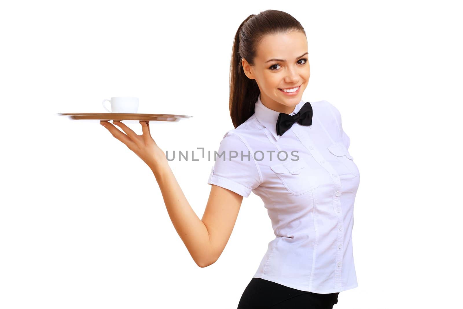 Young waitress with an empty tray by sergey_nivens