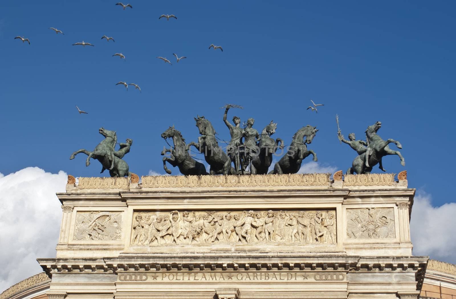 Details of the Politeama Garibaldi theater in Palermo with seagulls