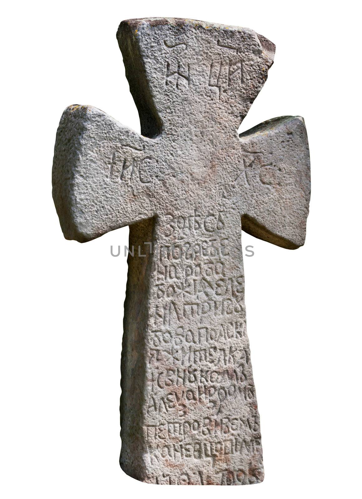 The ancient medieval Slavic stone cross isolated on white background