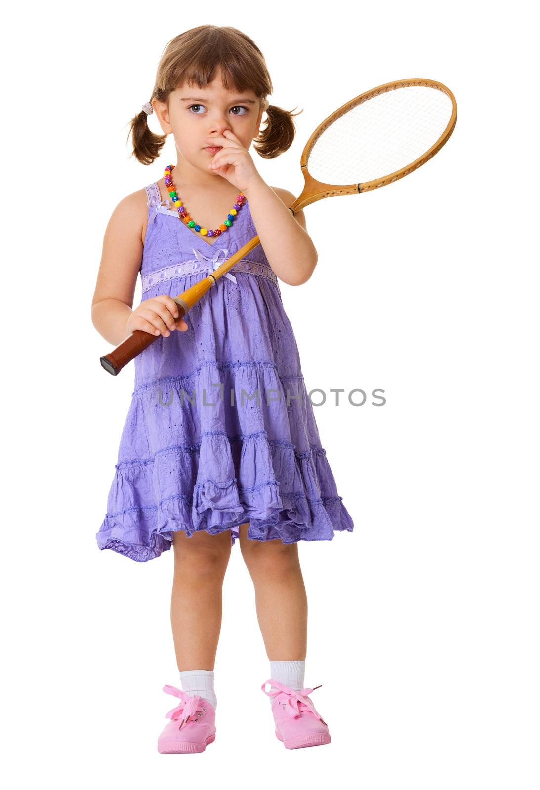 Funny girl picks his nose, instead of playing badminton isolated on white background