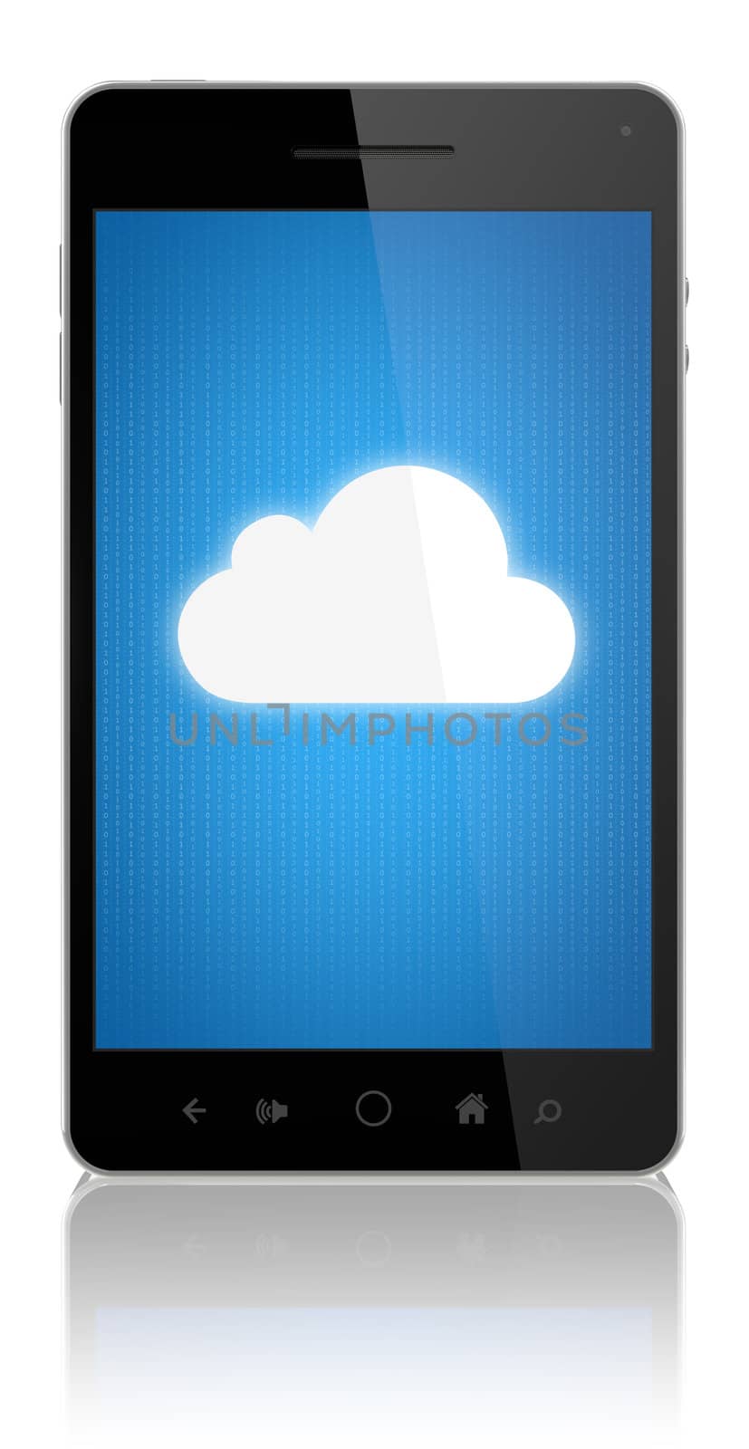 Cloud computing connection on modern mobile smart phone. Conceptual image. Isolated on white.