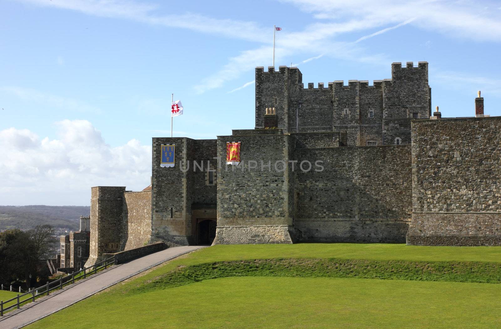 Dover Castle - a distant shot of the medieval fortress in United Kingdom, county of Kent.