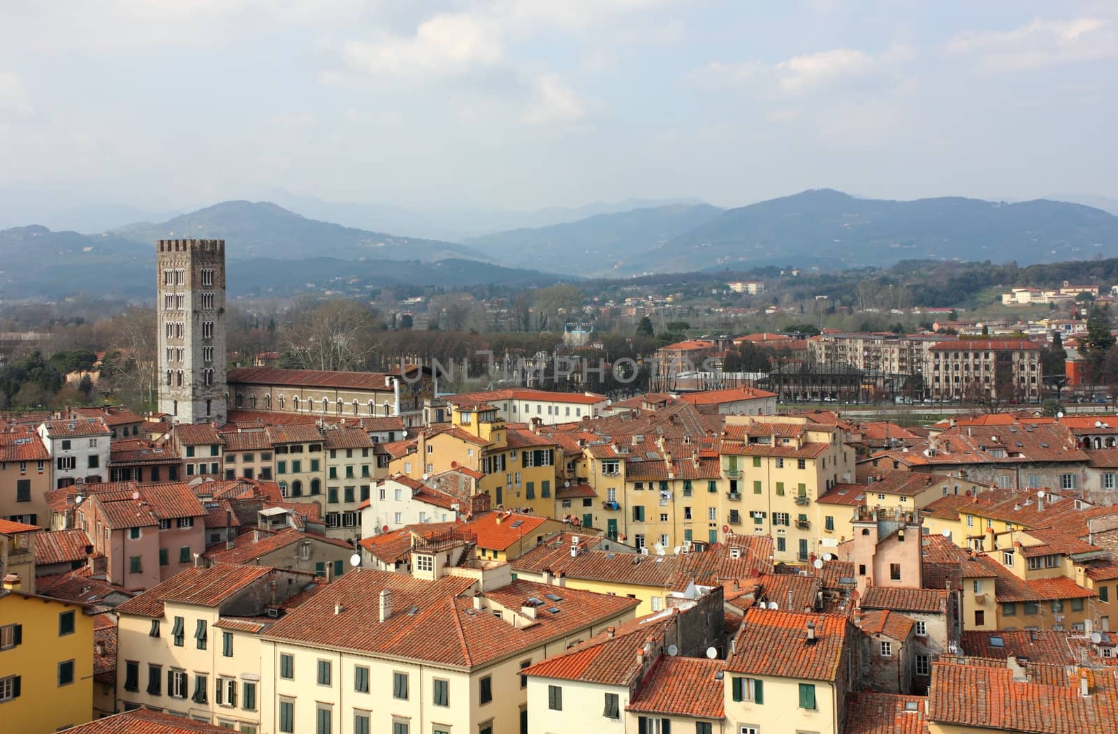 Lucca in Tuscany, Italy an Aerial panoramic view with Piazza dell' Anfiteatro in a bright sunny day.