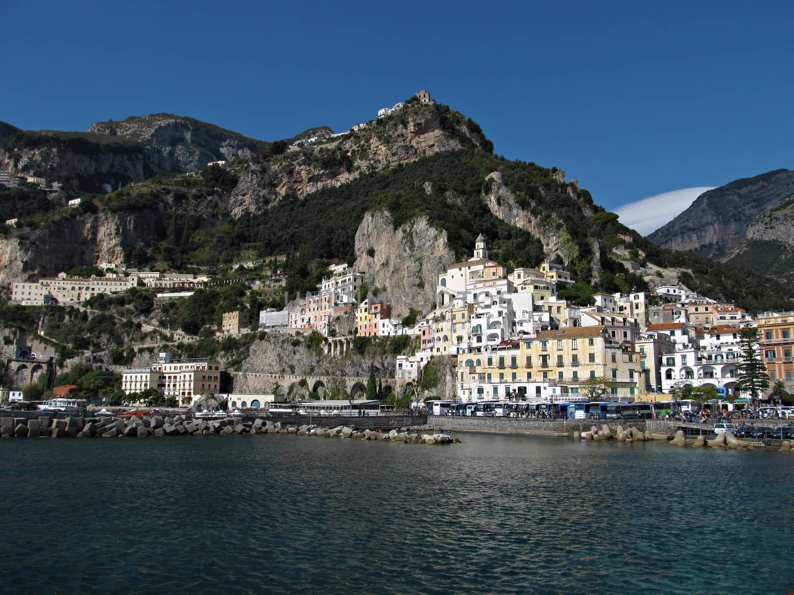 View from the sea toward town of Amalfi in Italy.