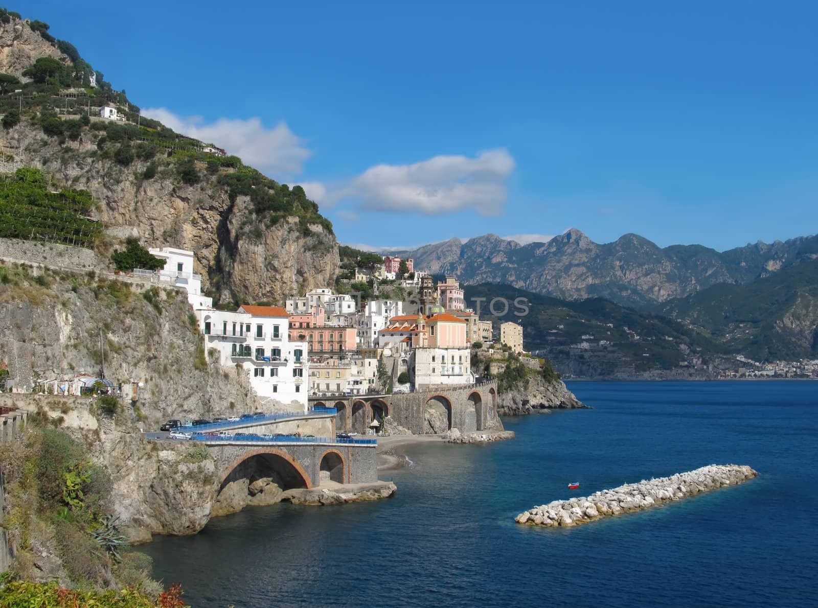 Panoramic view of village Atrani on costiera Amalfina in Sorrento area.