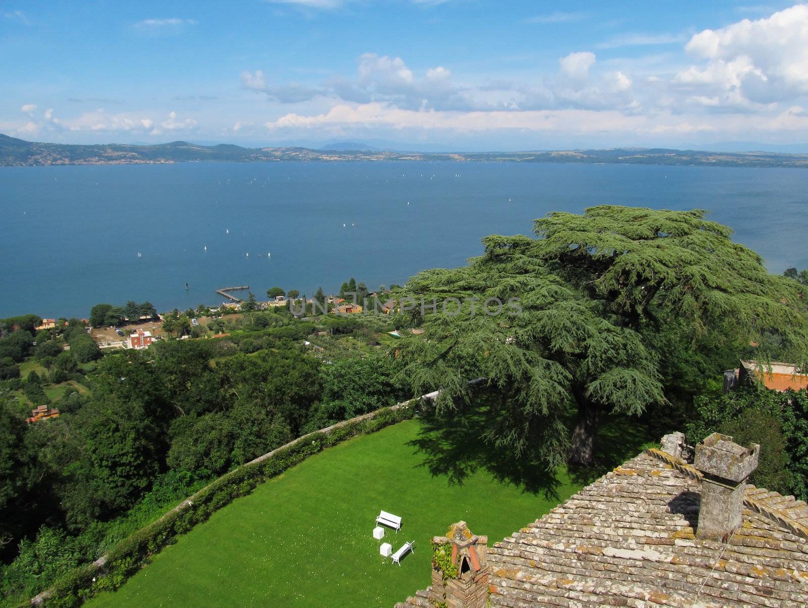 Panoramic view of Lake Bracciano from the castle wall of Castello Orsini-Odescalchi.                               