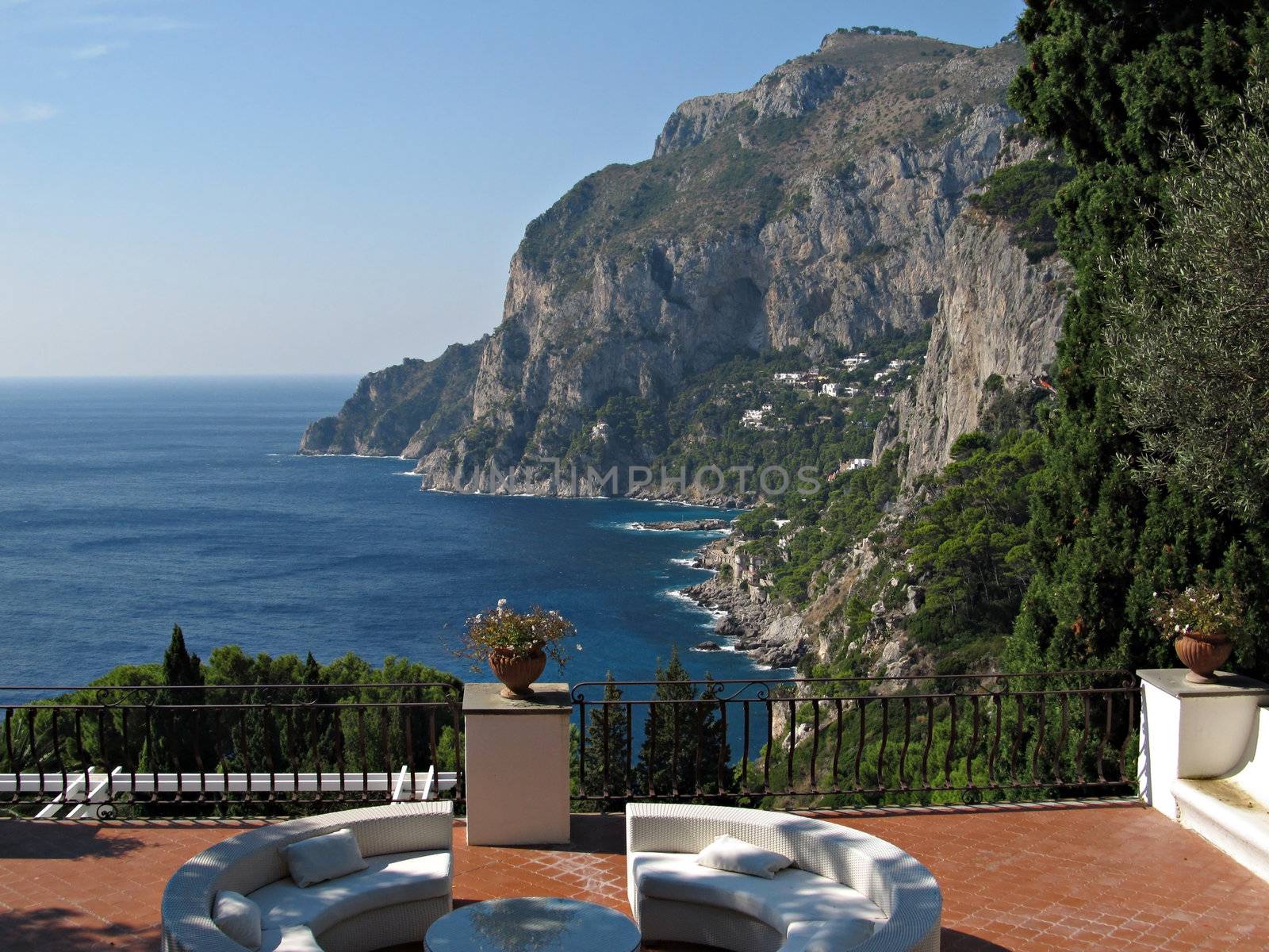 Dreamy view toward the cliffs and Via Krupp from a nice terrace in island Capri.